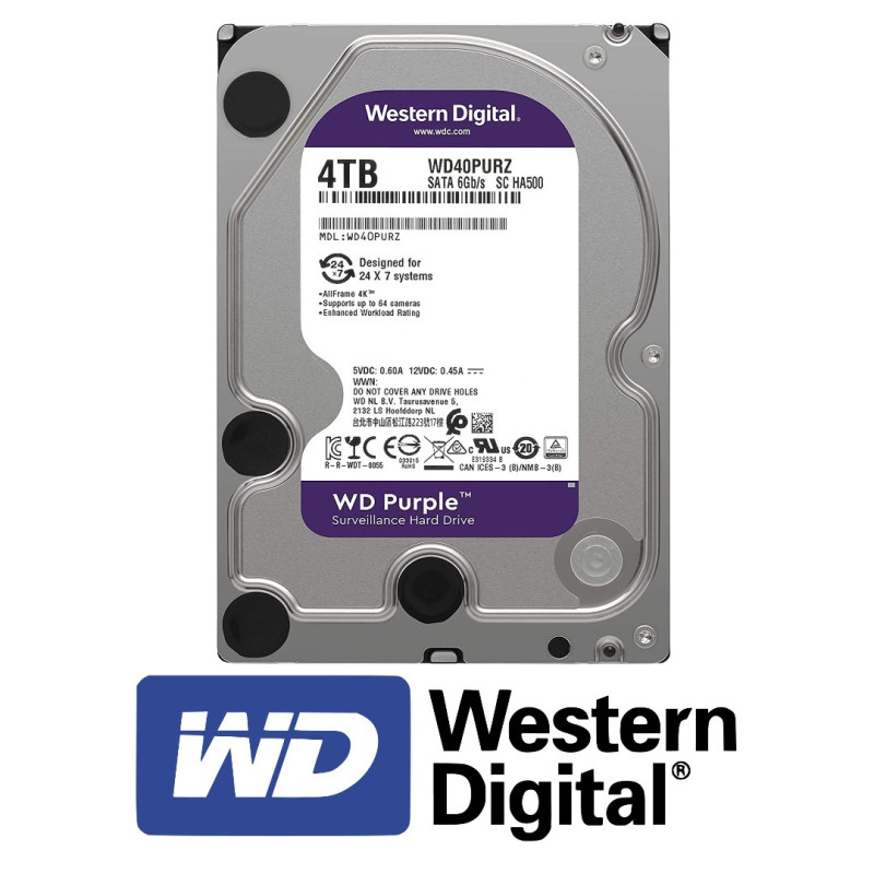 HDD Western Digital Purple 4TB 3.5" SATA3 256MB 5400RPM – Ideale per Videosorveglianza 24/7