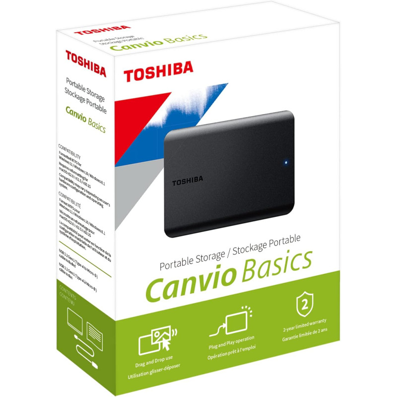 Hard Disk Esterno Toshiba Canvio Basics 1TB 2.5" USB 3.2 – Portatile, Plug & Play, Nero