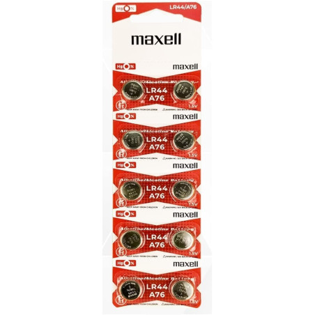 Batteria Maxell A76 LR44 AG13 – Alcalina a Bottone | Blister da 10 Pezzi | Ideale per Orologi, Telecomandi e Giocattoli
