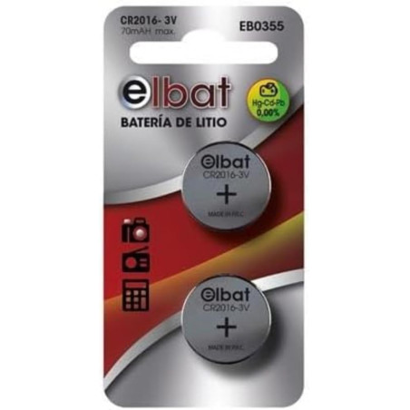 Pila al Litio CR2016 Elbat – Confezione da 2 Pezzi | Ideale per Orologi, Chiavi Auto e Dispositivi Elettronici